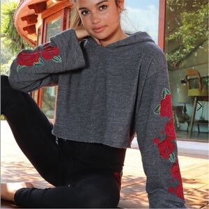 Spiritual Gangster Cropped Grey Embroidered Red Rose Yoga Sweatshirt